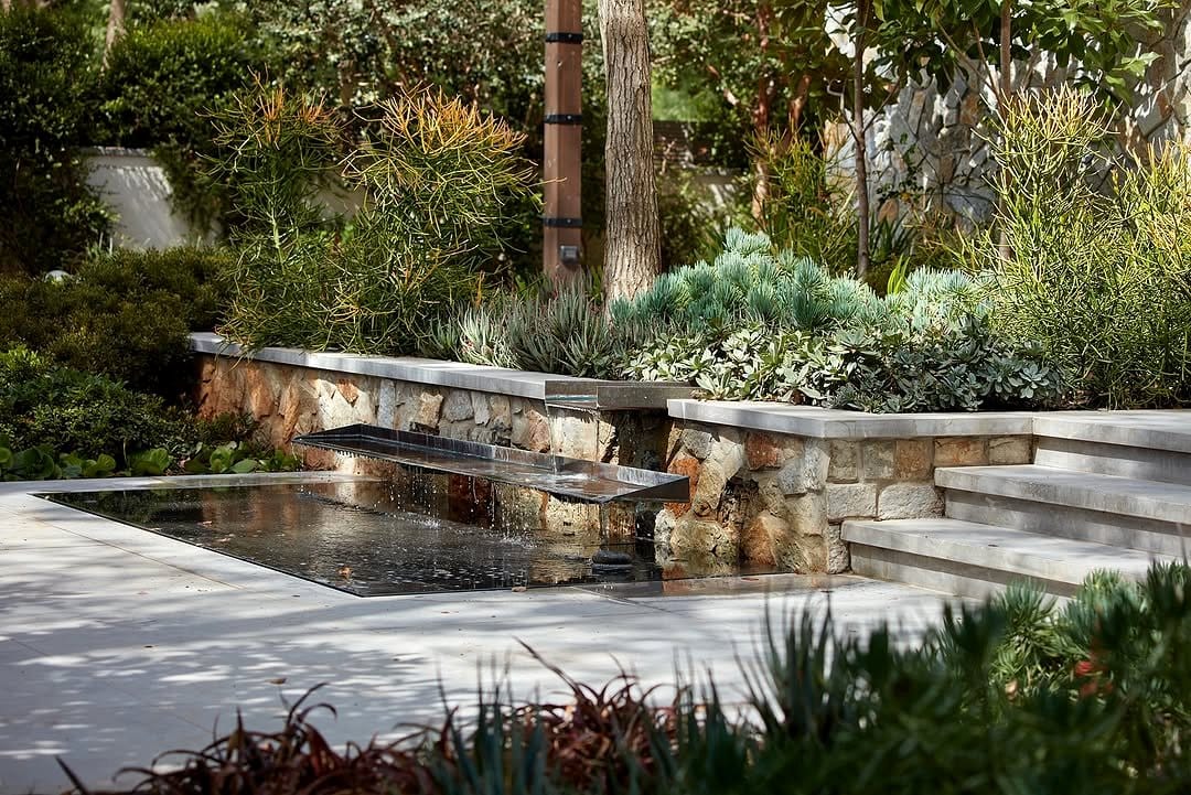 Serene desert oasis water feature with plants
