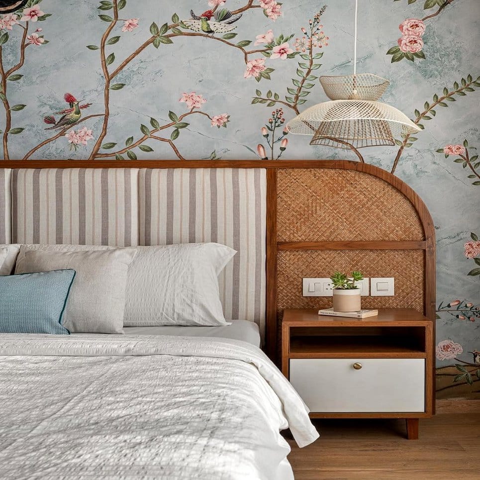Bamboo-textured wallpaper behind bed