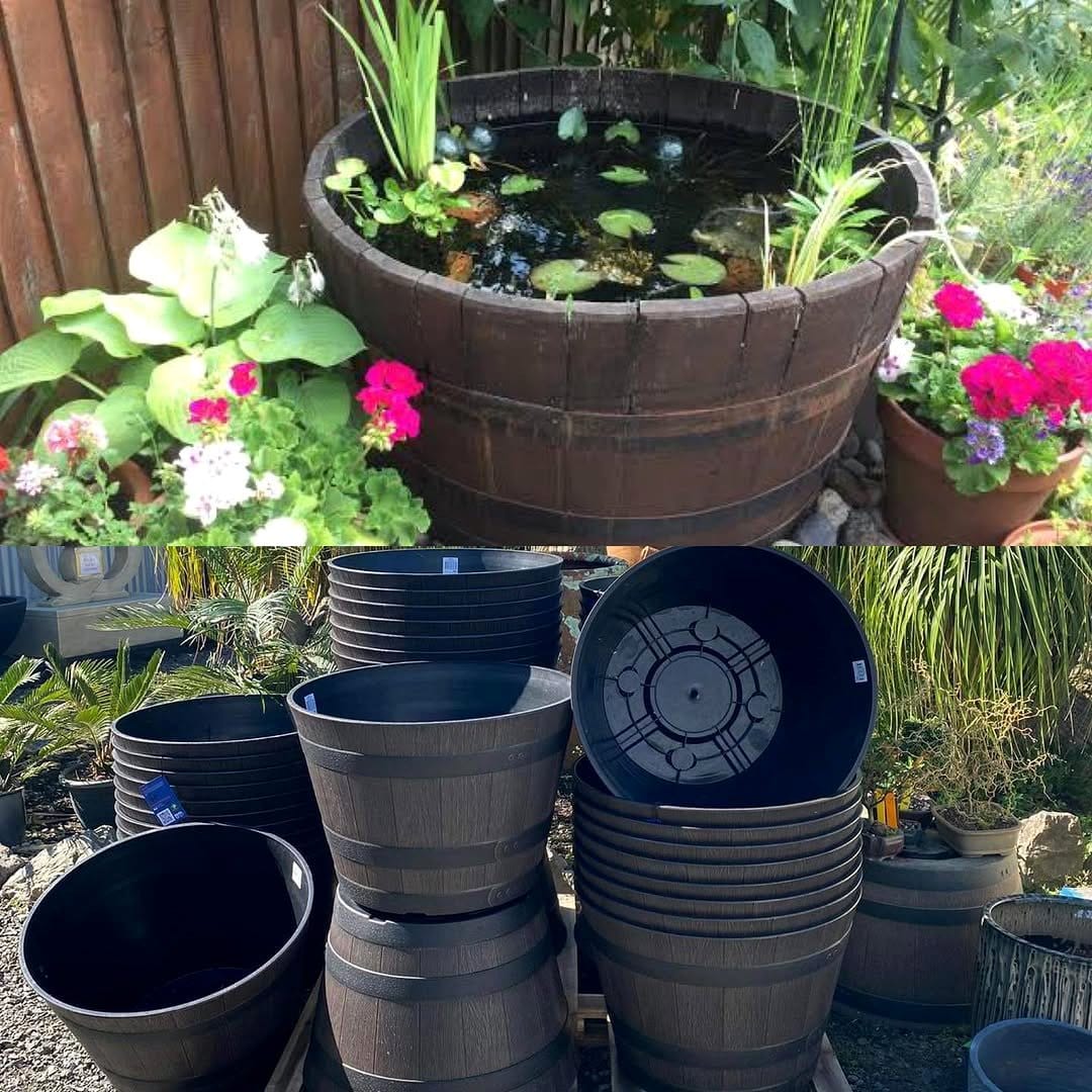 barrel planter on patio