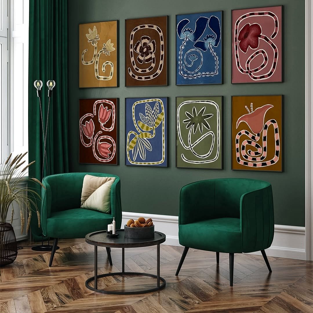 Art prints of plants in a gallery wall setup