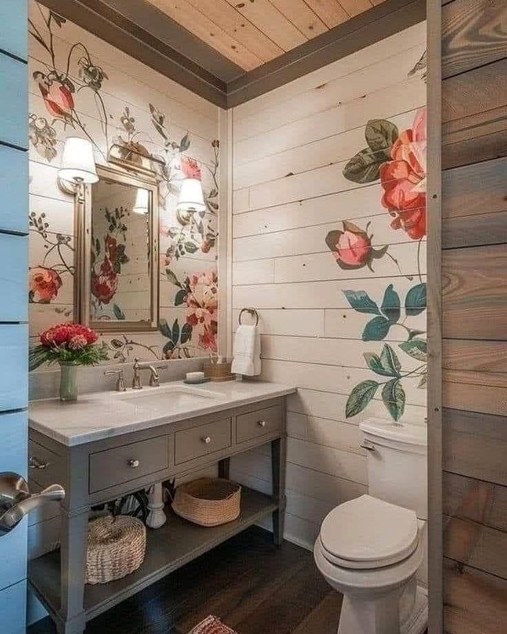 bathroom with hanging woodblock plants
