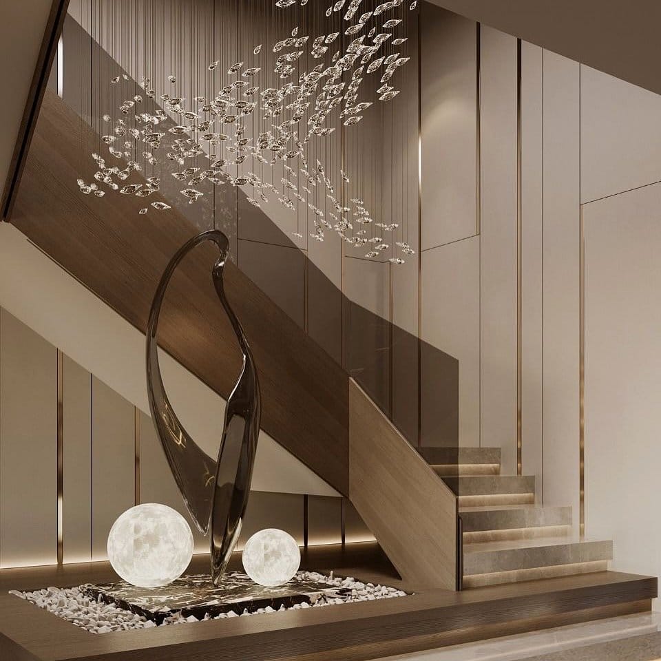 Stylish staircase with fjord stone accents