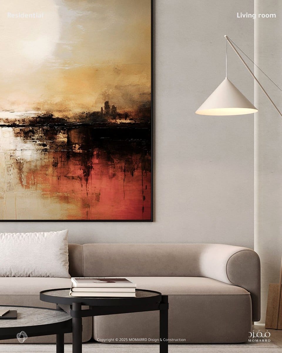 Modern minimalist living room with pendant lighting