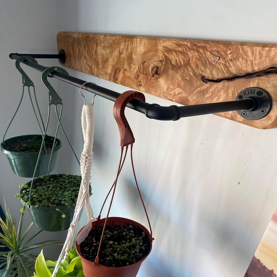 Rustic wooden floating shelves with potted plants