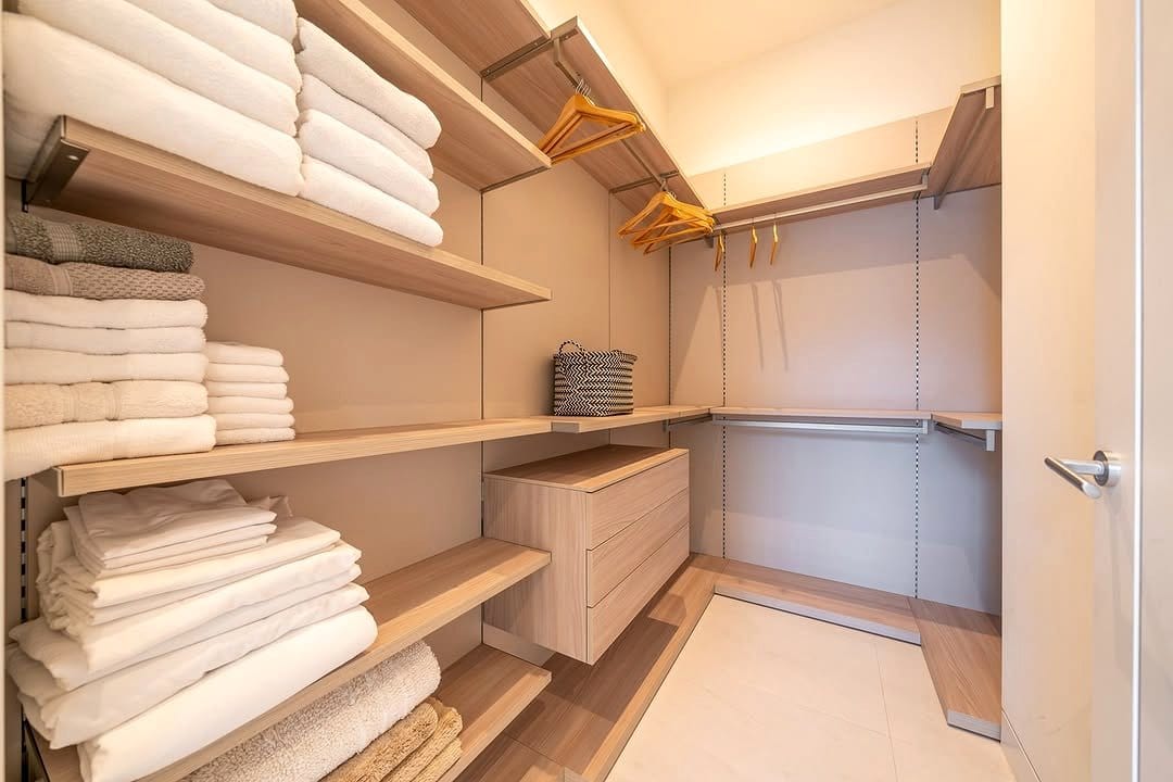 Organized minimalist walk-in closet with ample storage