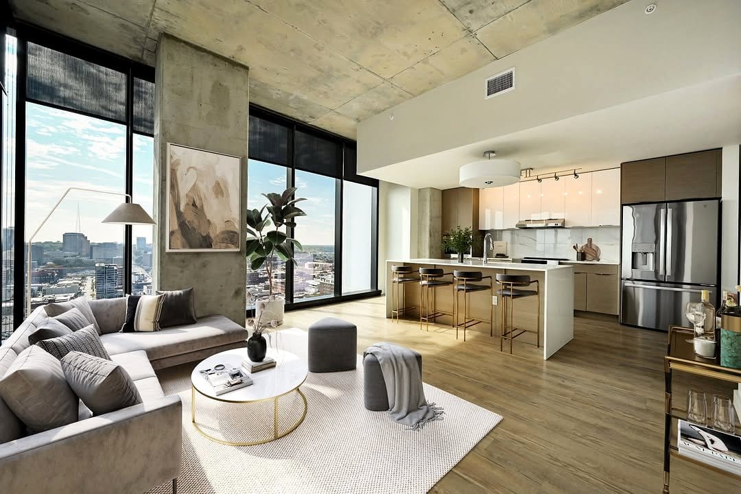 Bright living room with floor-to-ceiling windows