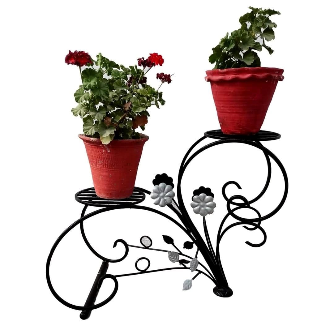 Tiered plant stand with geometric pots