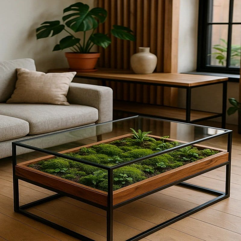 Glass terrarium coffee table with succulents
