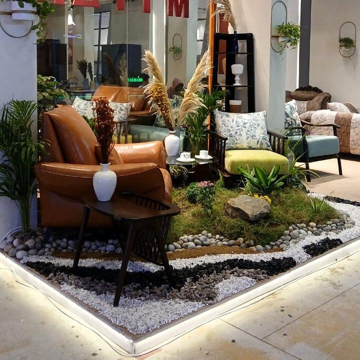 indoor rock garden with bamboo
