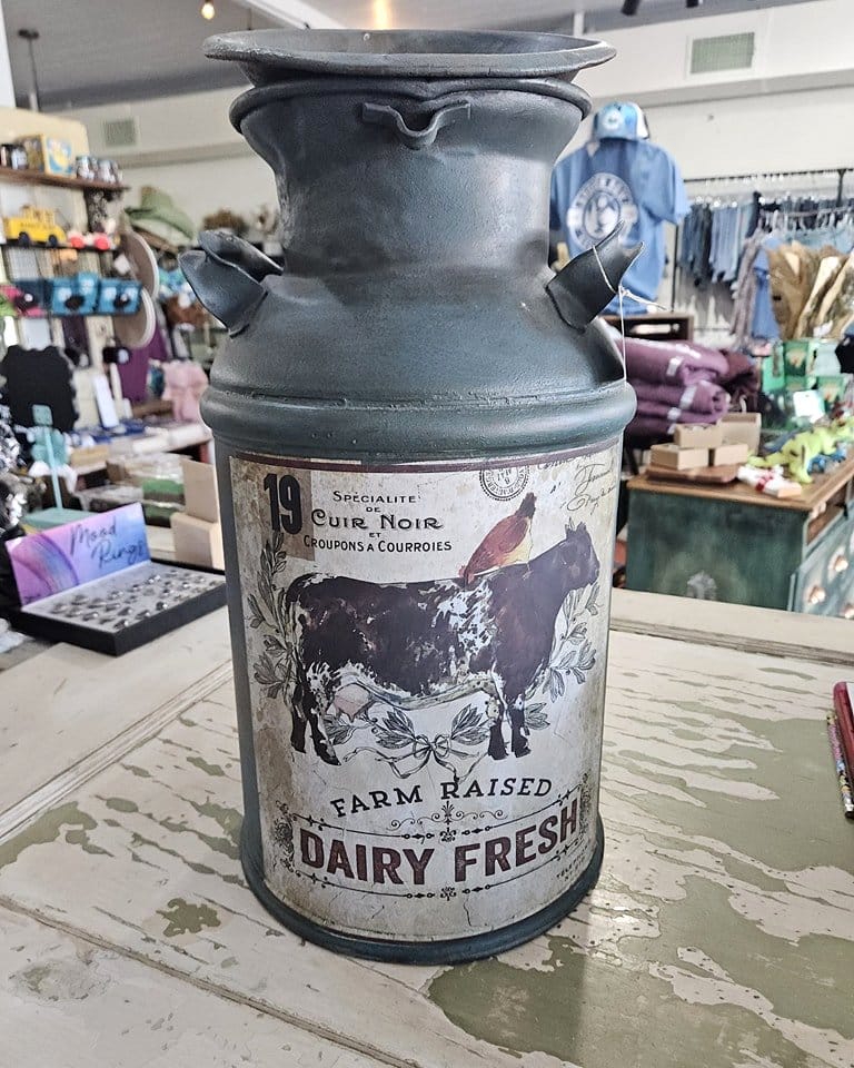painted milk can in entryway