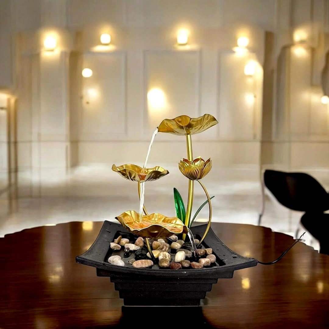 decorative fountain with floating plants