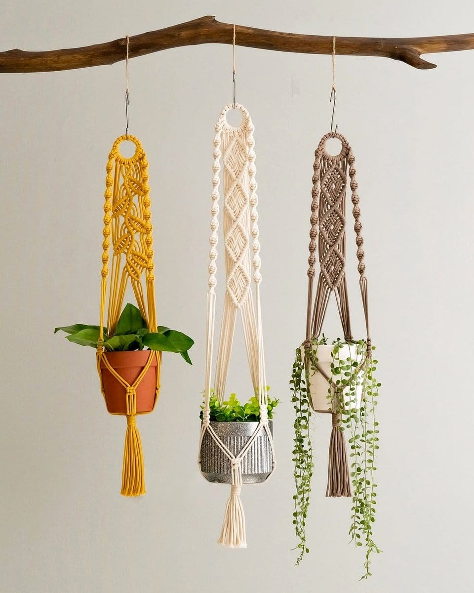 bohemian plant pots with macrame hangers