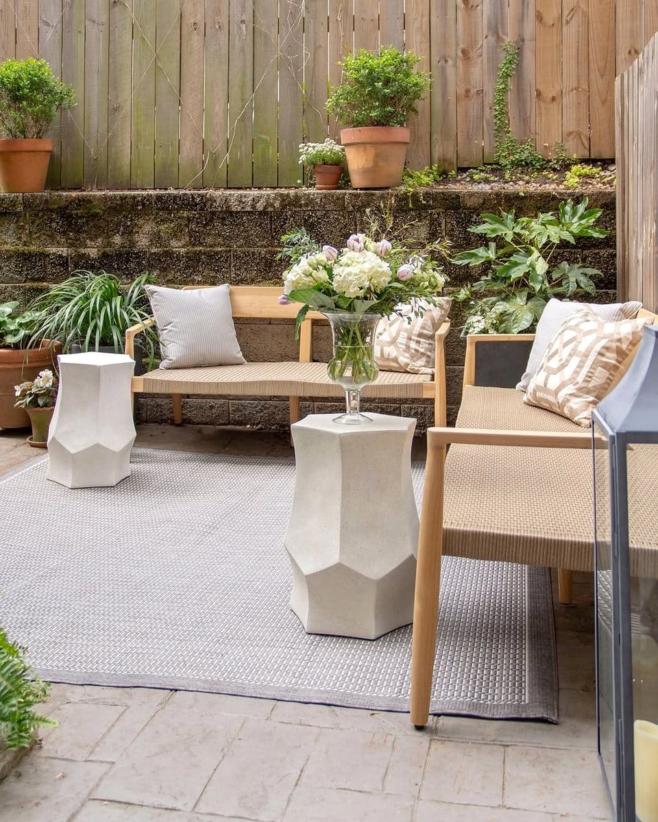 outdoor patio with brass planter