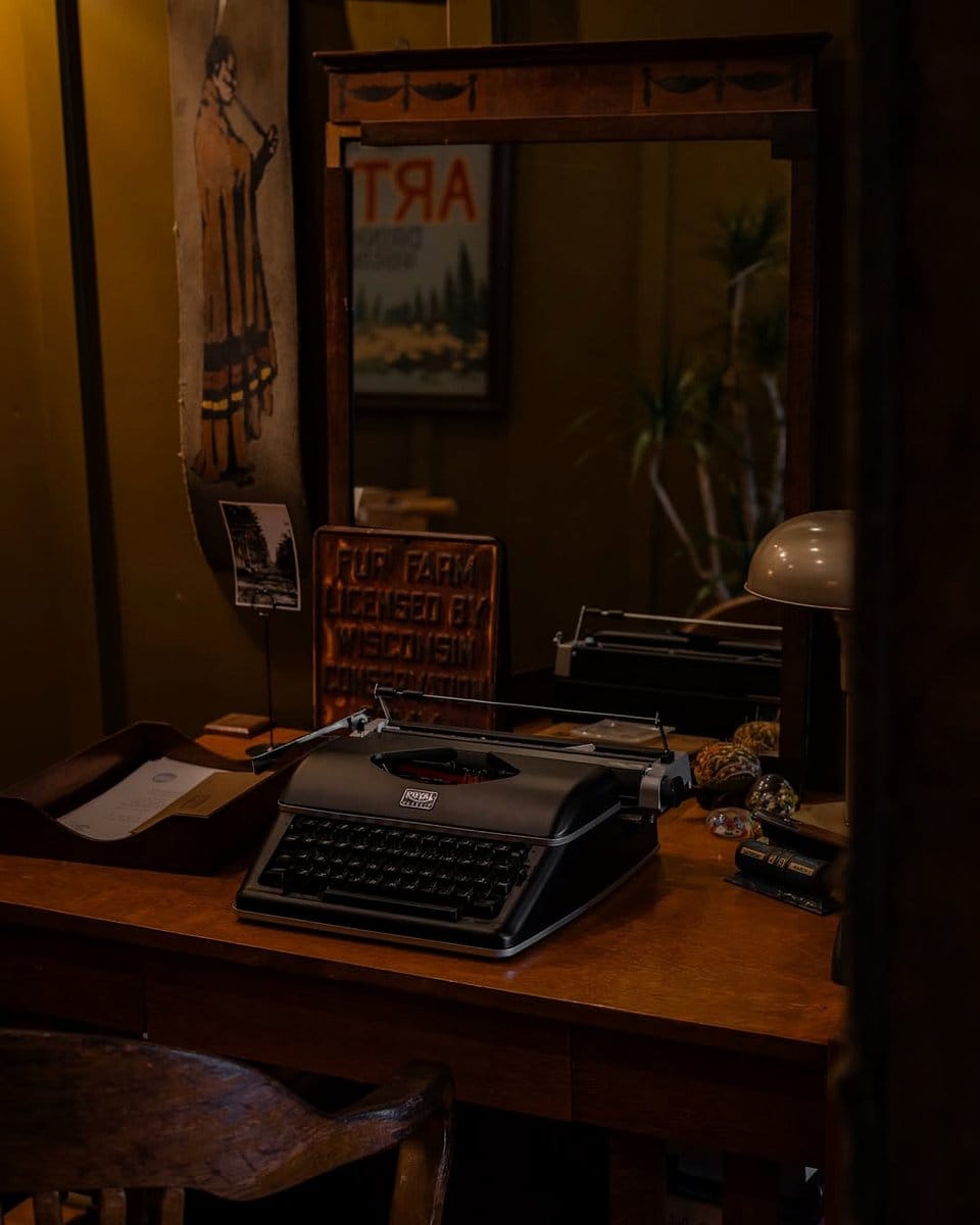 typewriter with air plants in bathroom
