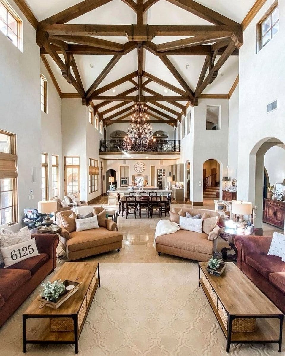 Exposed wooden ceiling beams in rustic living room