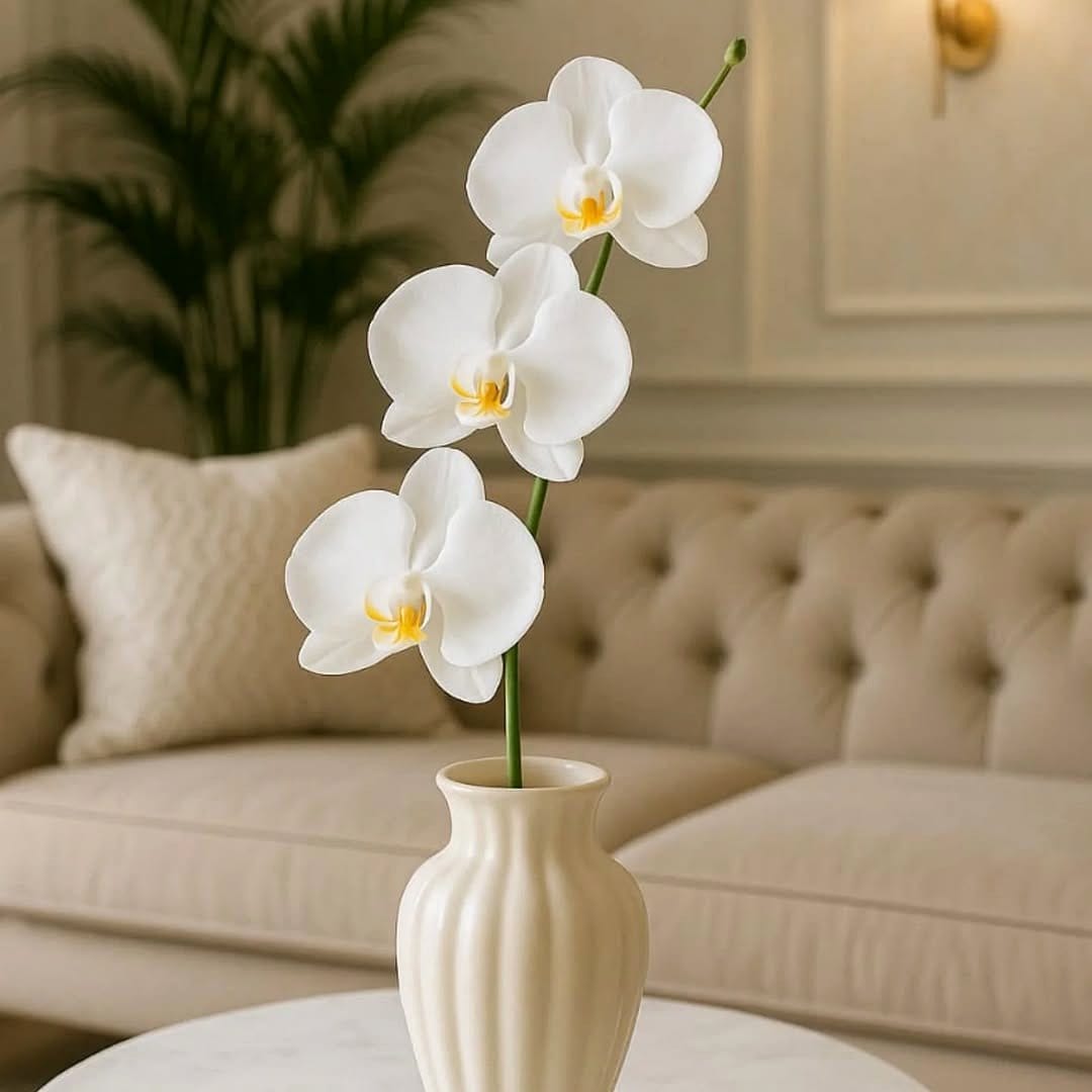 glossy glazed pot with orchid