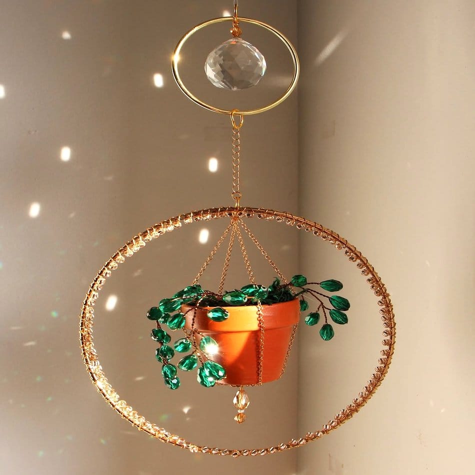 Hanging prism plant holders with macrame details