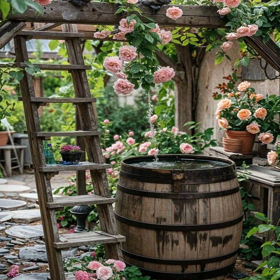 Charming vintage garden with tartan plaid pots