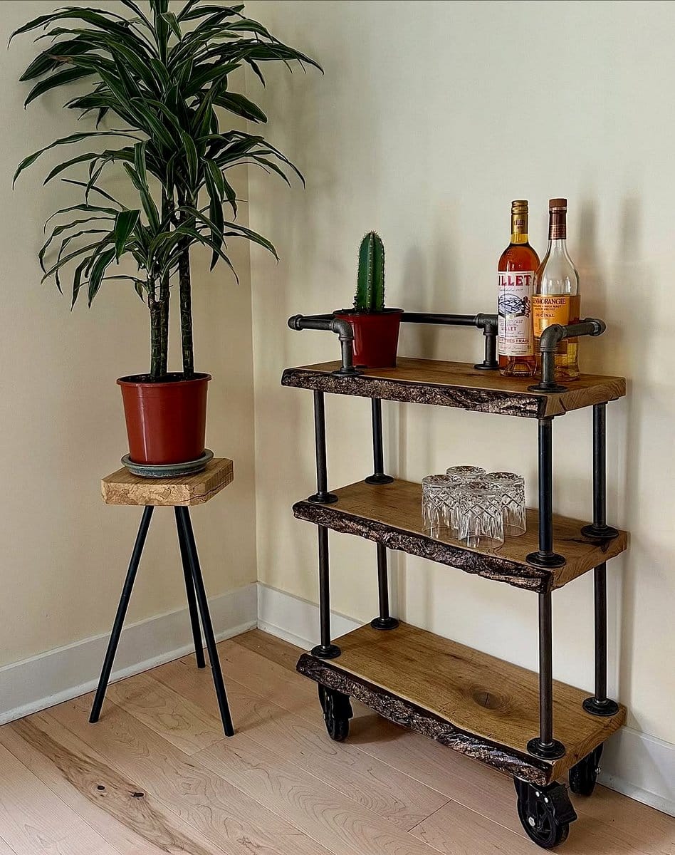 rustic wooden console with plants