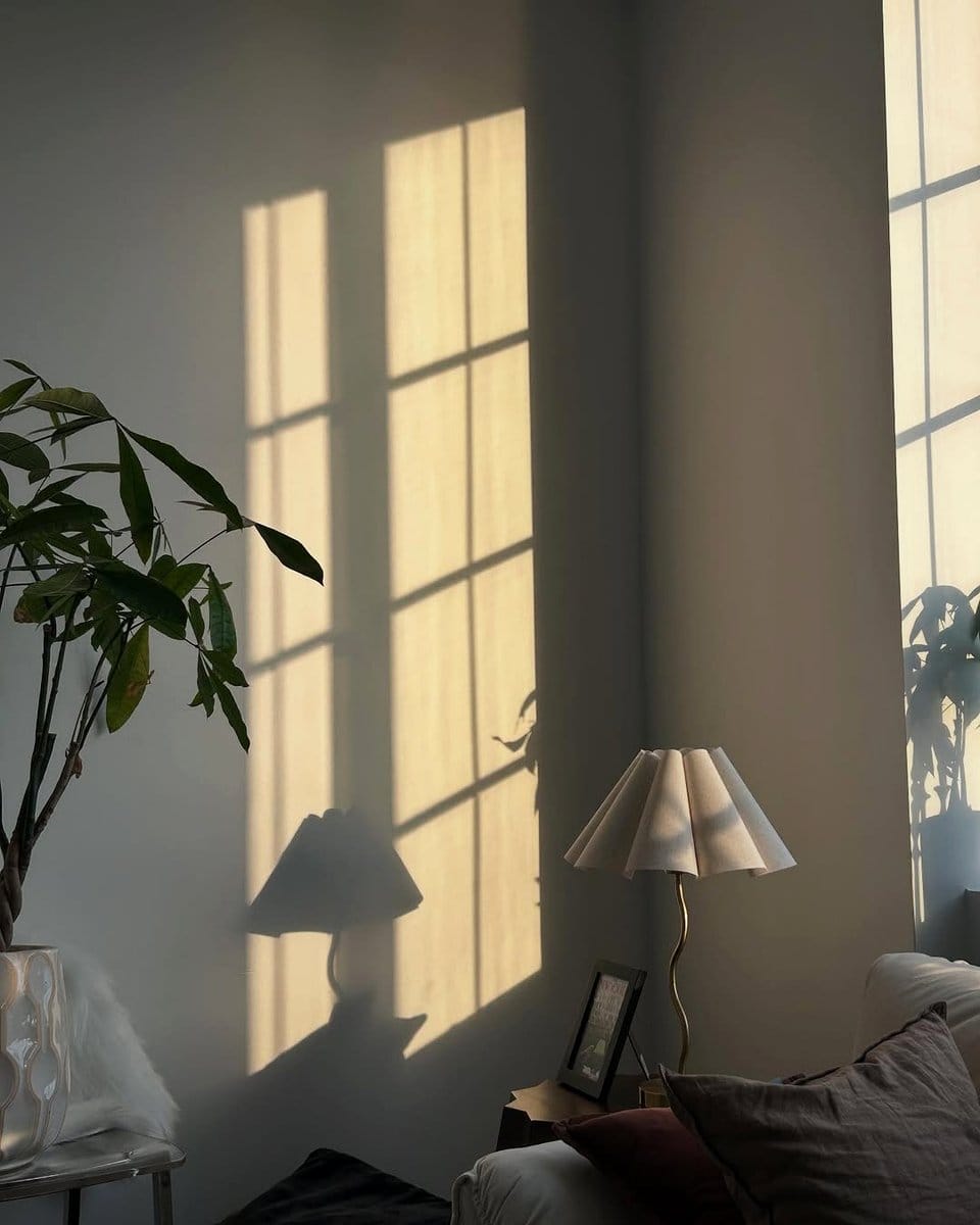 bedroom with plant shadow on wall