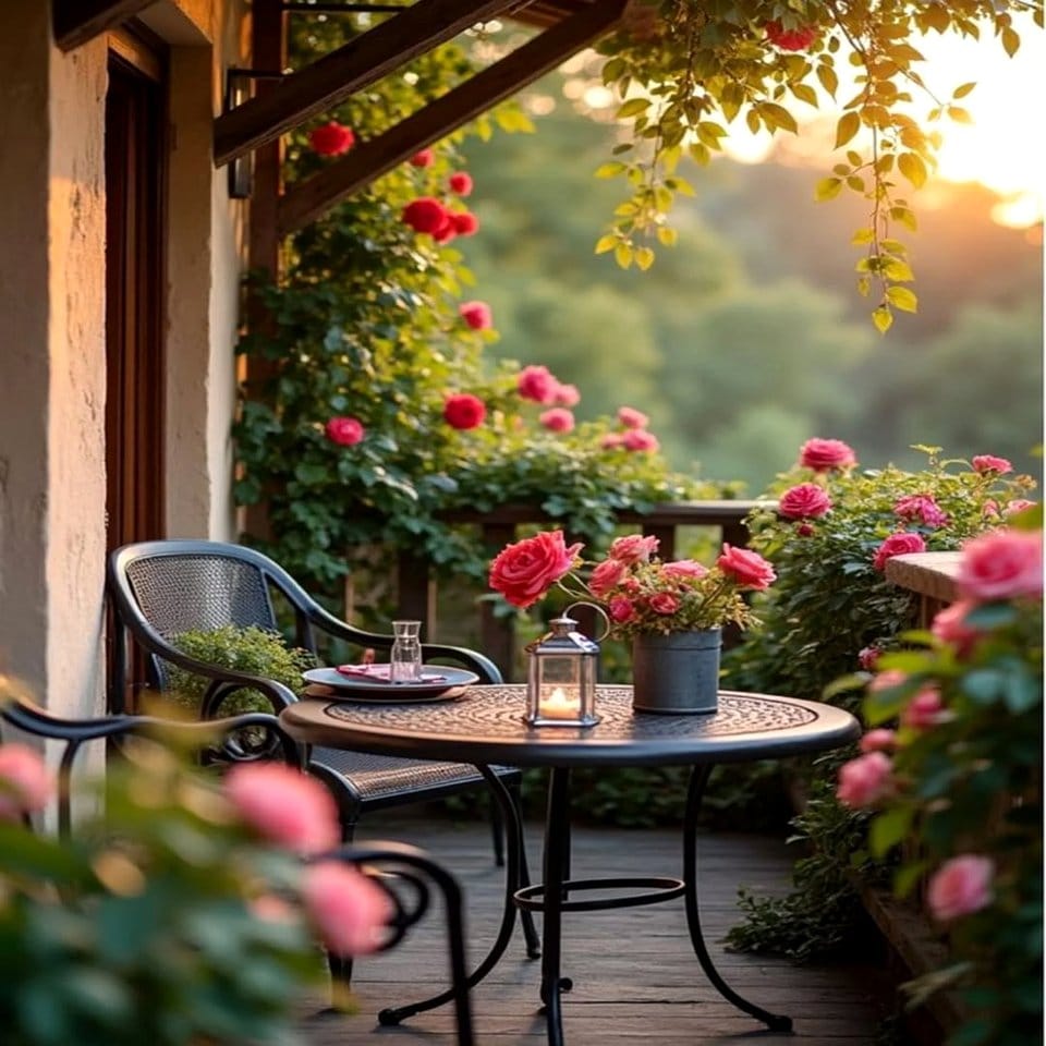 Cozy balcony filled with alpine wildflowers