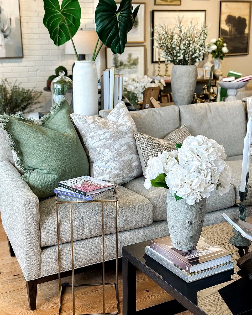 green plants with blue decor accents on dresser