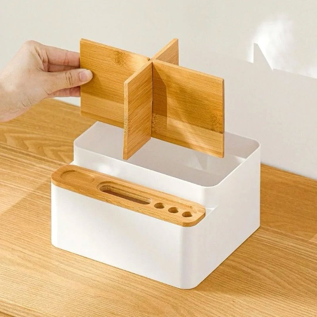 beige office organizers on desk