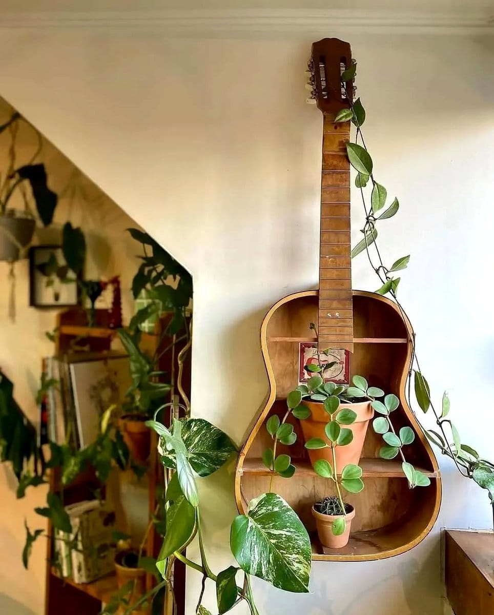 artistic plant arrangement with colorful leaves on staircase