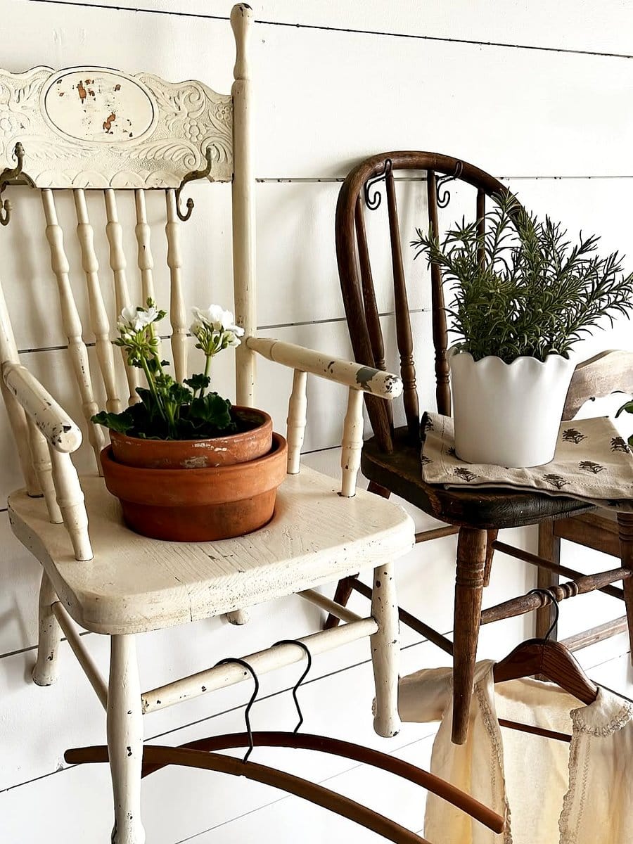vintage wooden chair with potted plants