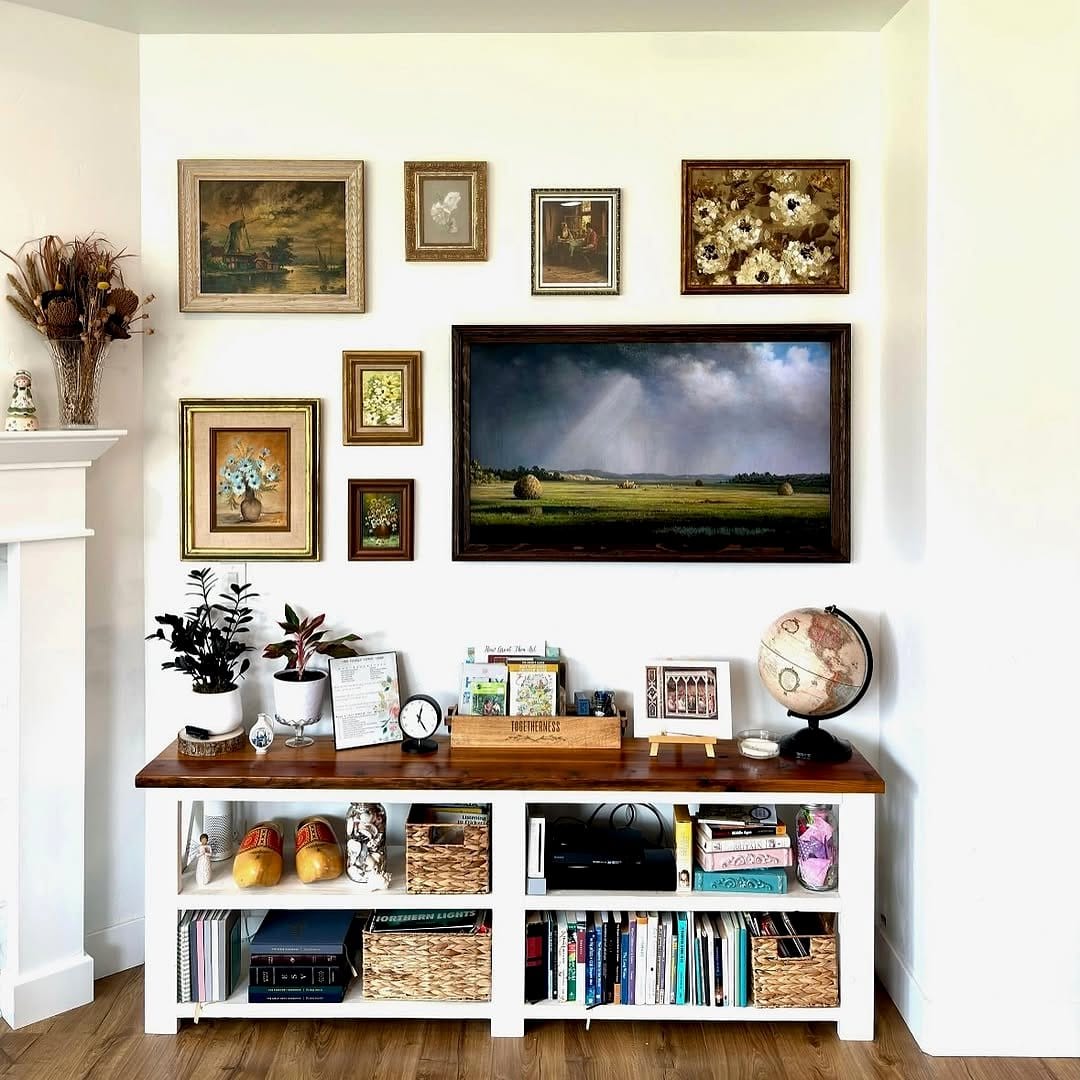 Rustic picture frames on wooden shelf