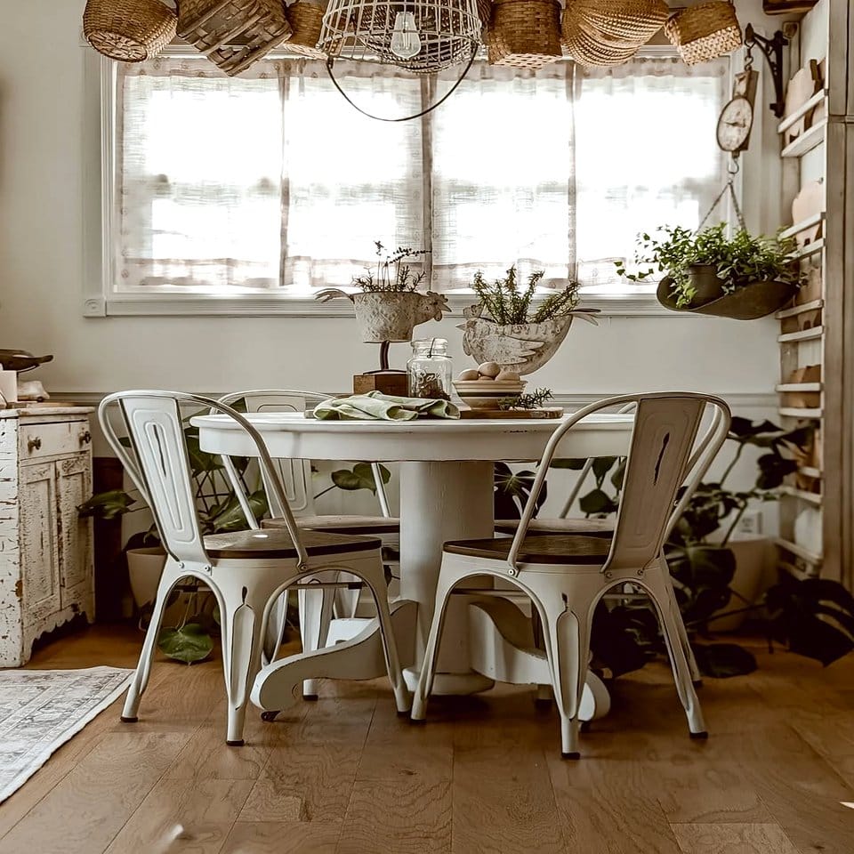 Herbs in rustic pots on kitchen shelf