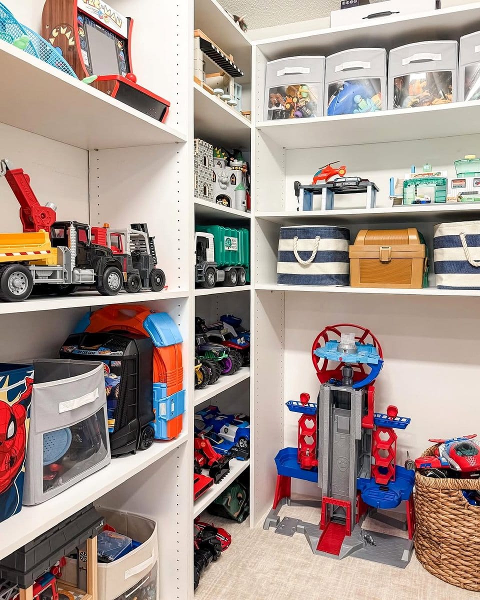 orange toy bins in playroom