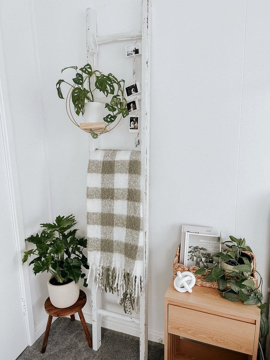 bohemian-style ladder with macramé hangers