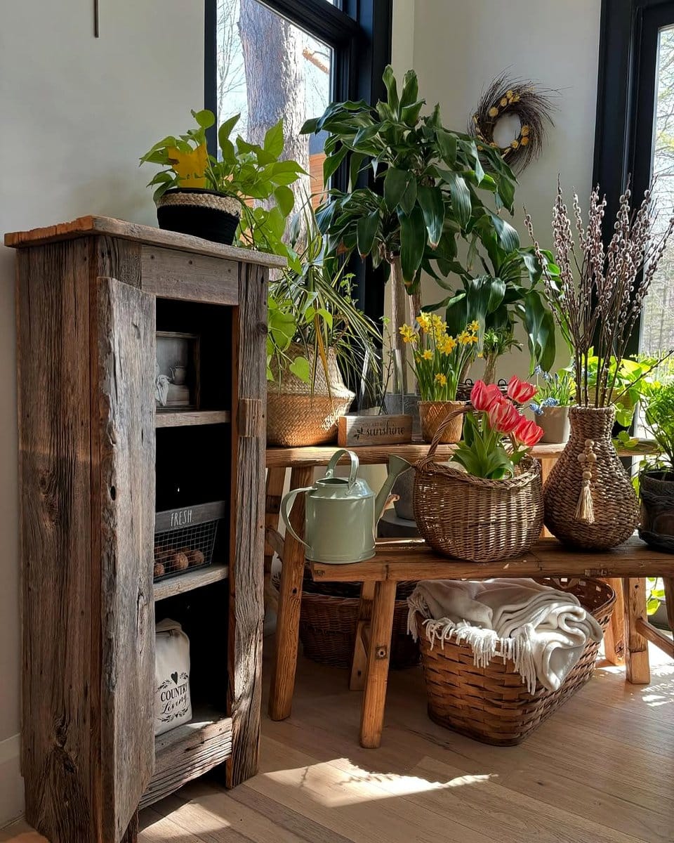 hutch with plants in woven baskets