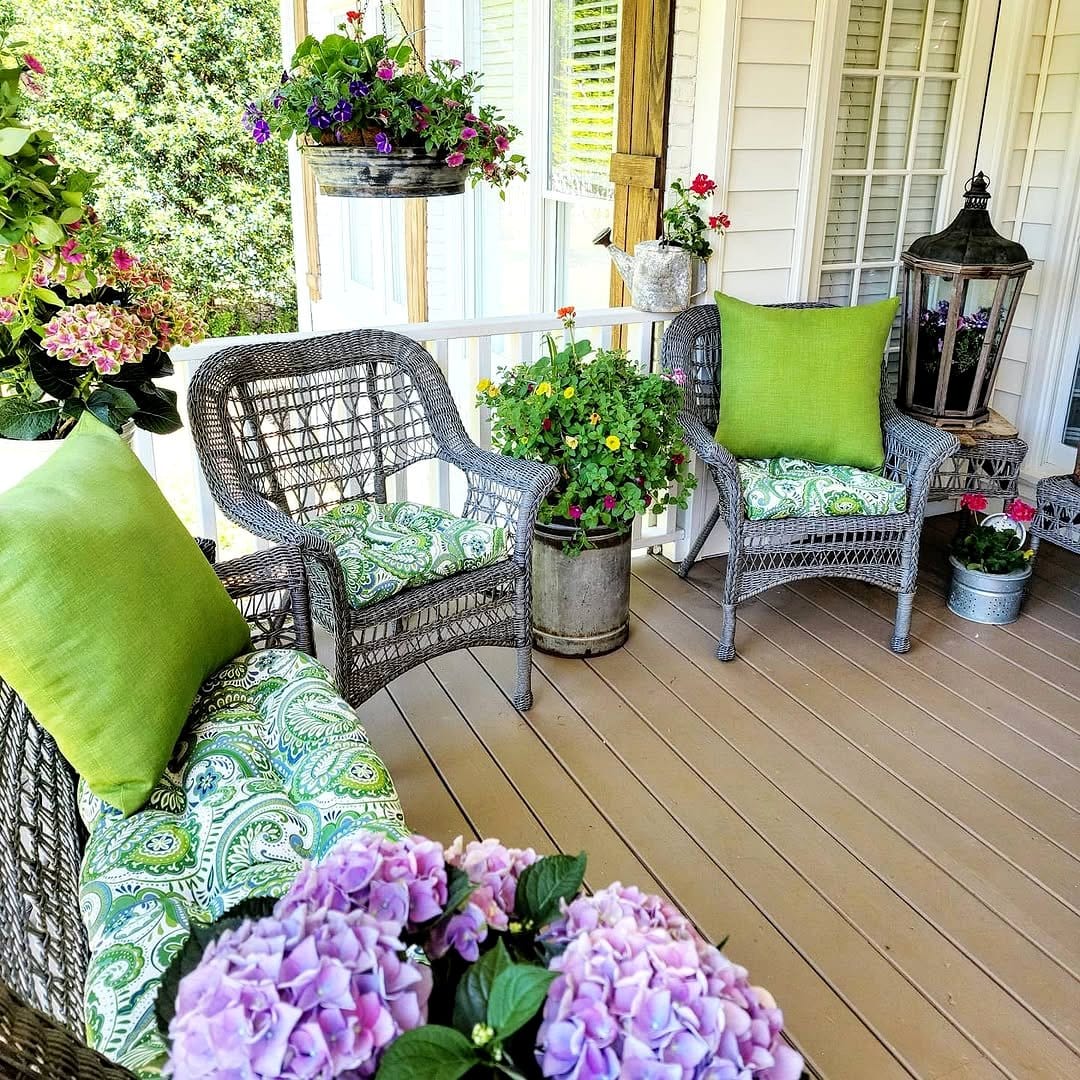 patio with small pots and seating
