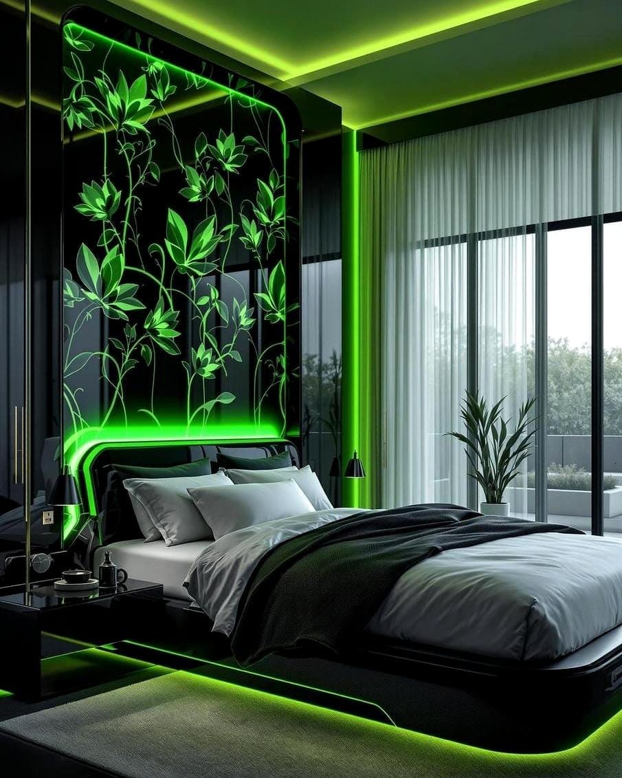 bedroom headboard with reclaimed wood and plants