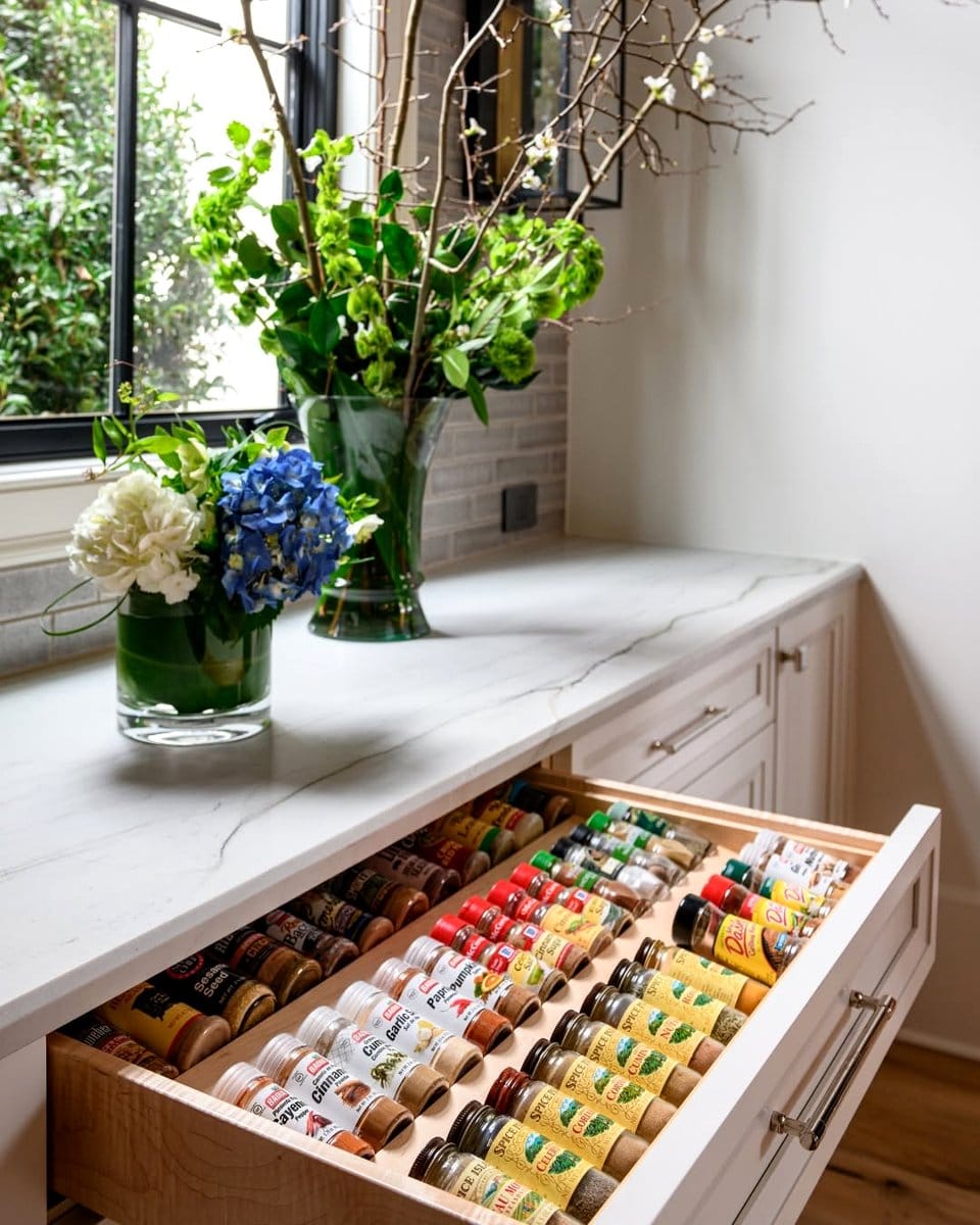 built-in herb drawer in island