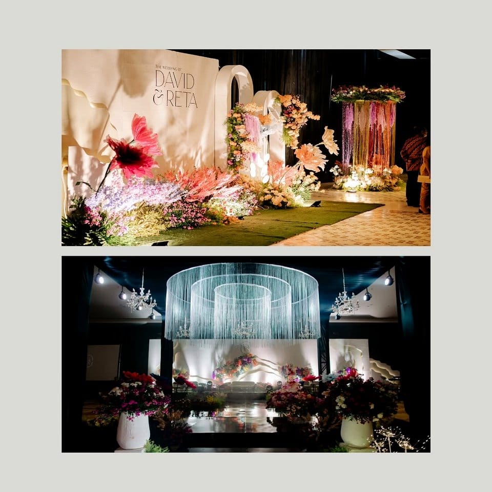 Rose arrangement with velvet drapes