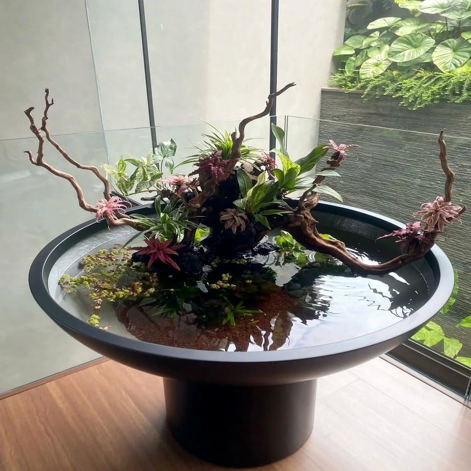 Indoor pond with lava rocks