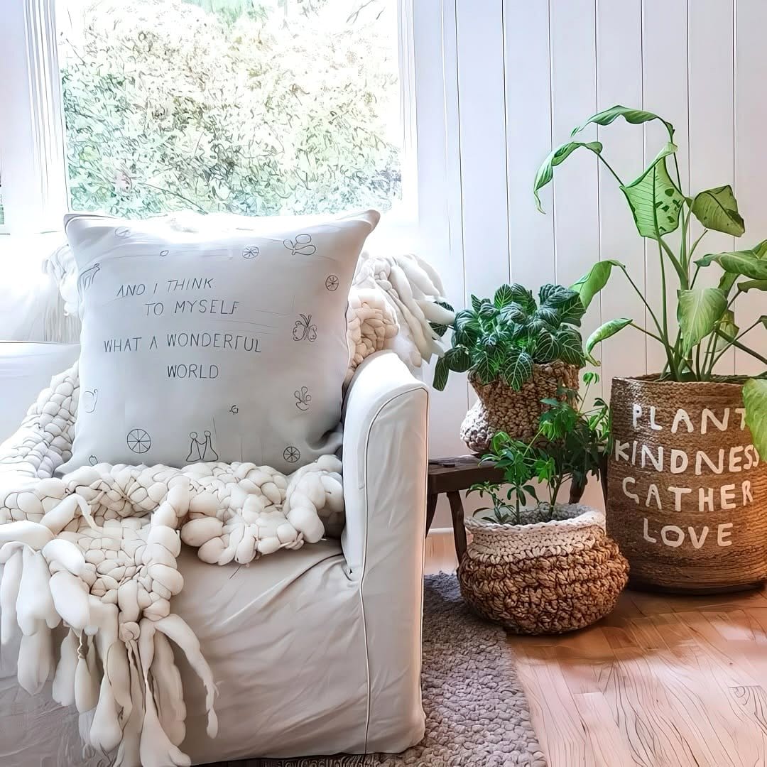 Rustic farmhouse-style room with macramé plant hangers