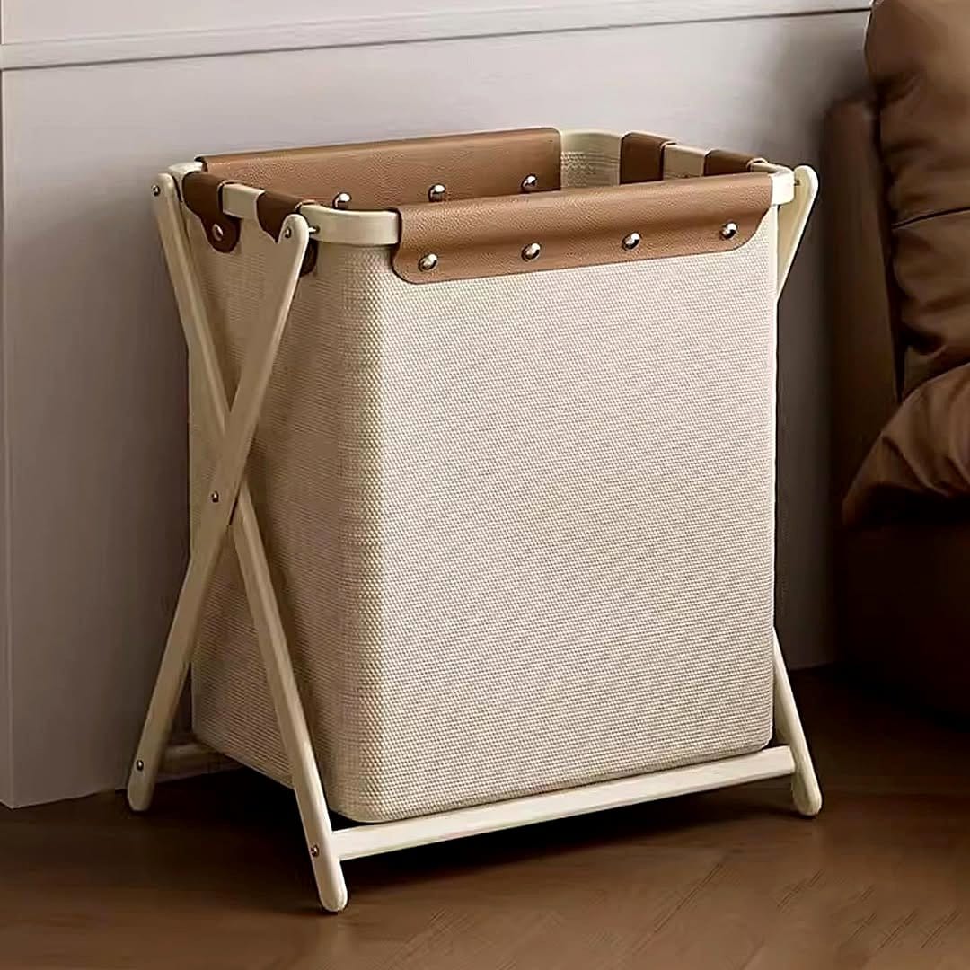 wicker laundry hamper in bedroom