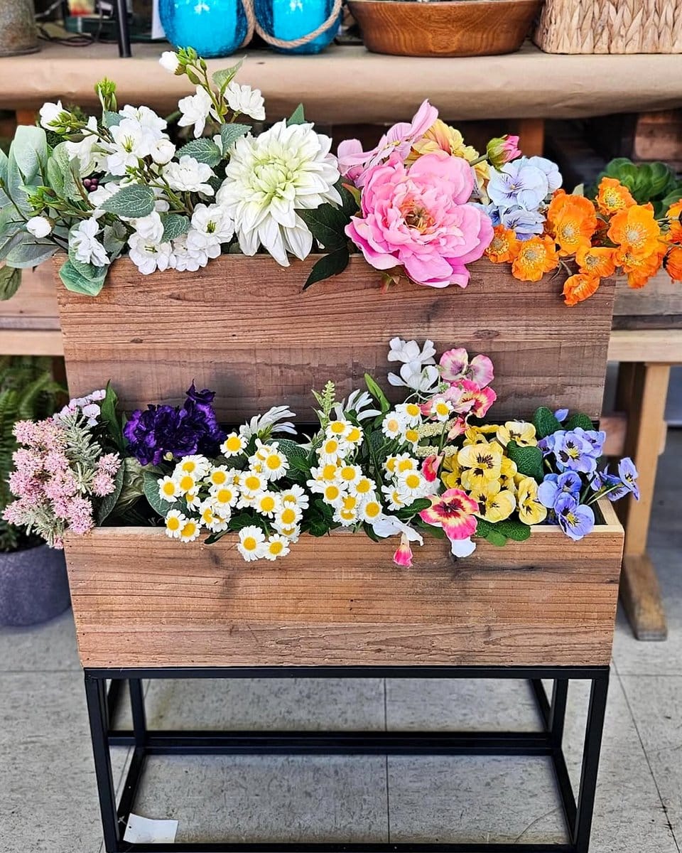 wooden and metal planter on patio