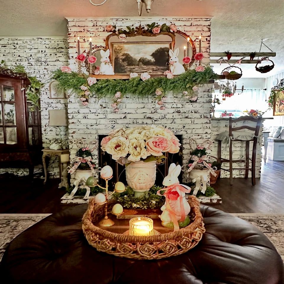 French country interior with tartan plaid plant decor