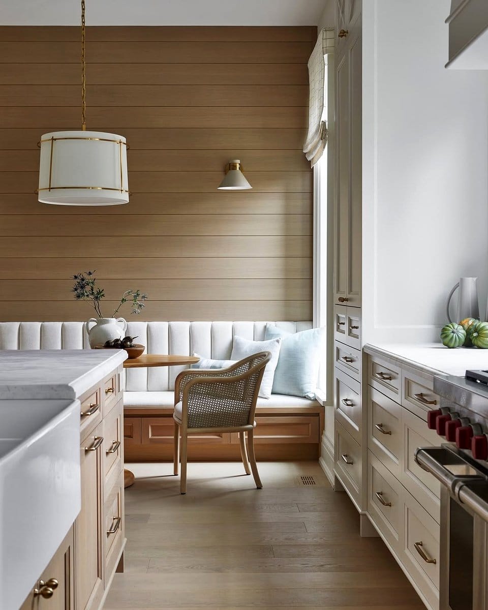 White shiplap wall in kitchen