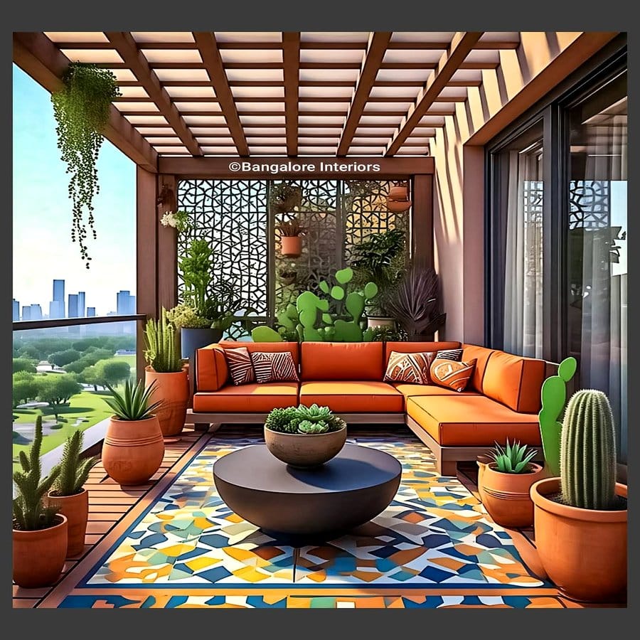 Cozy balcony with potted plants and seating