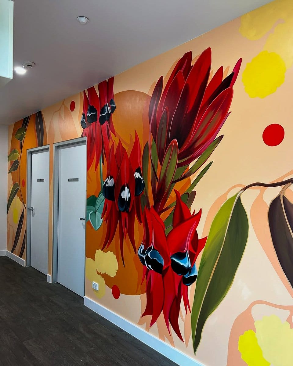 detailed botanical mural on wall
