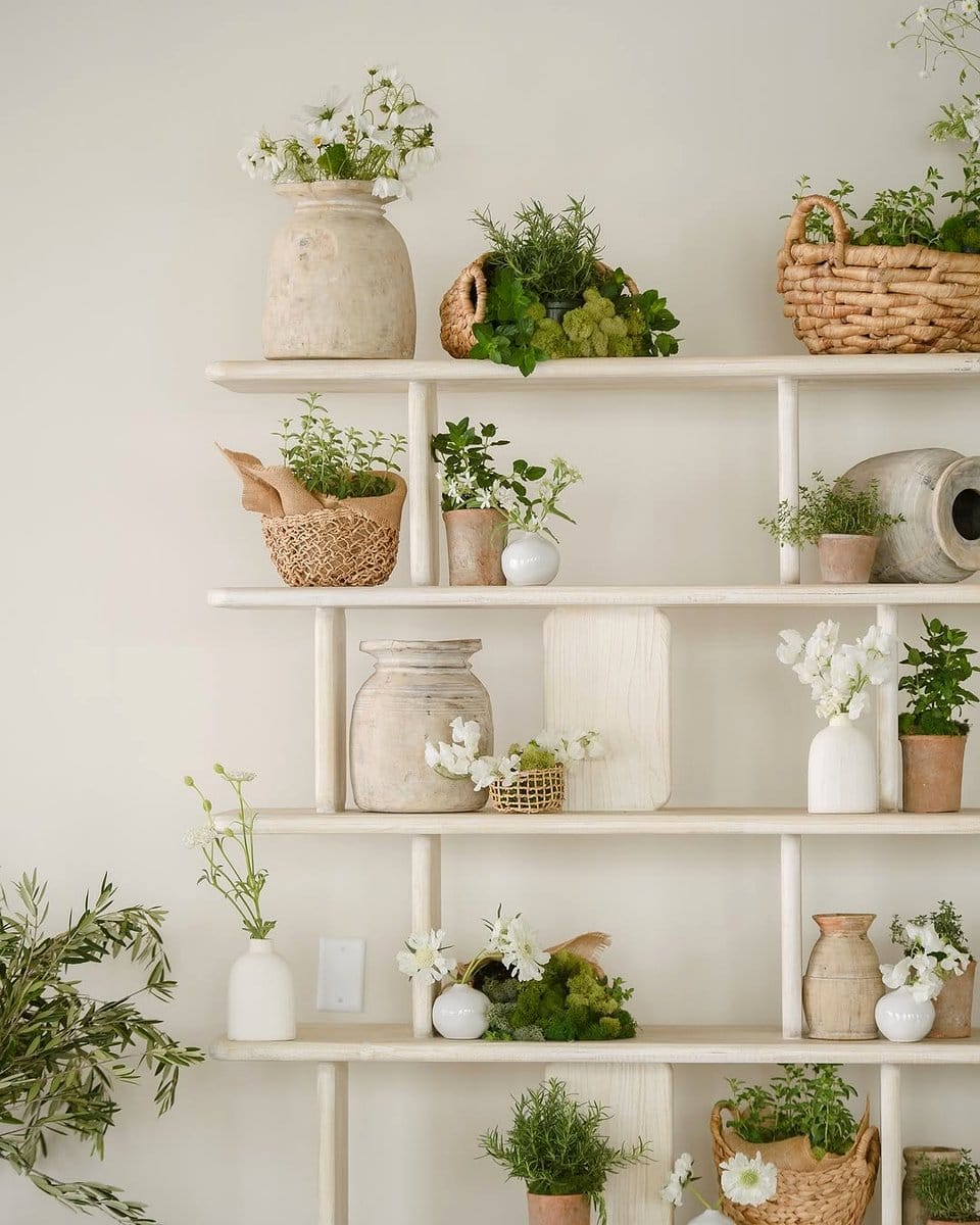 vertical plant arrangement on shelf