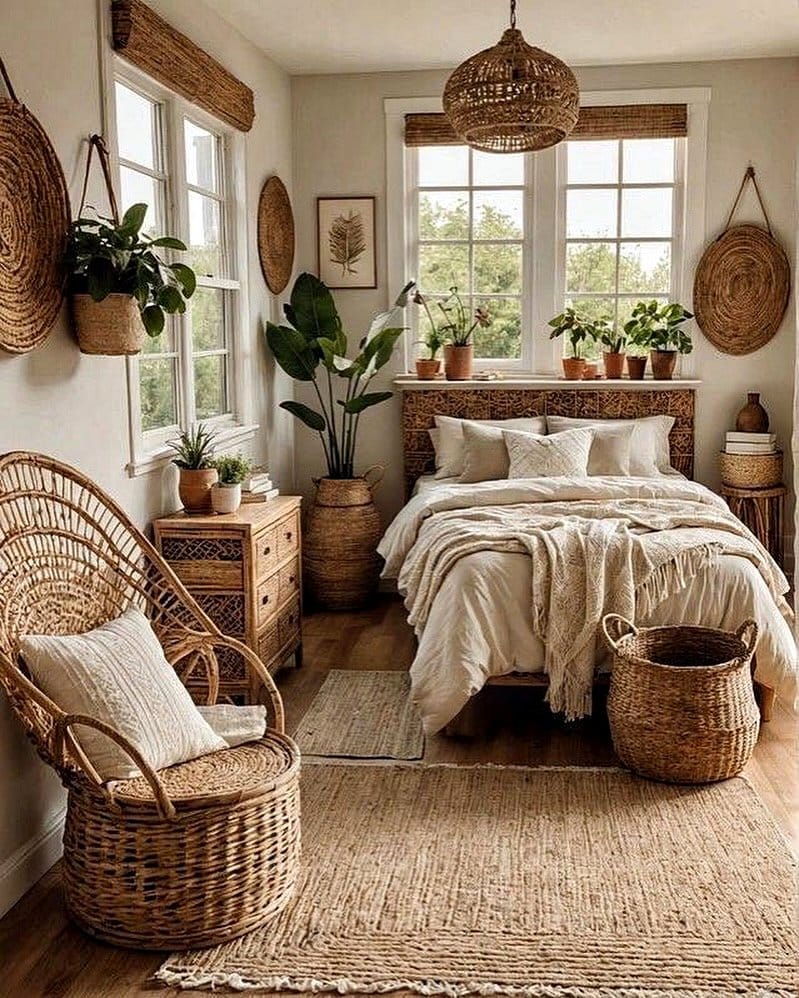 Rustic rattan furniture with potted plants