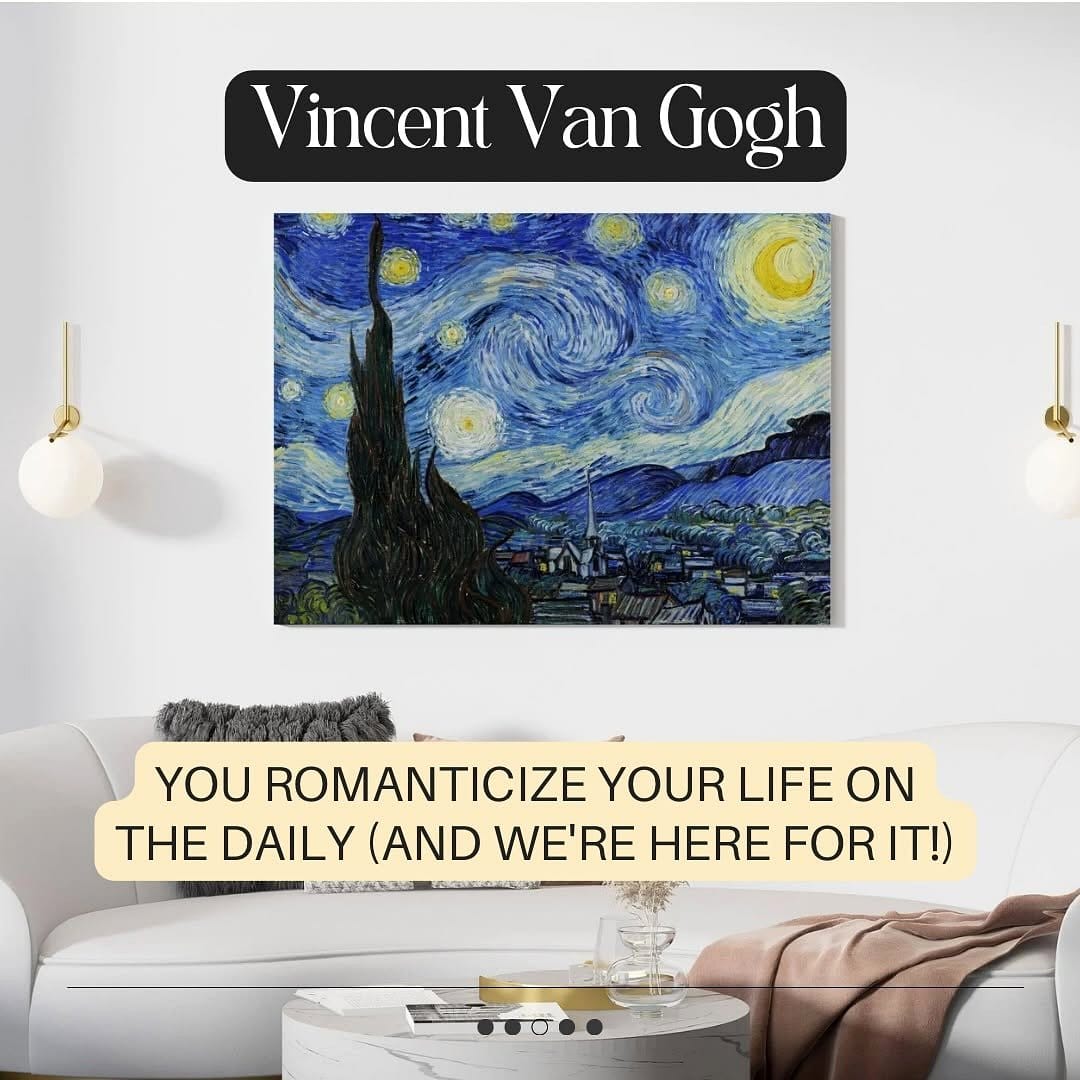 Starry night wall art behind plants