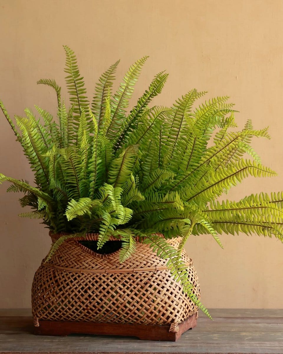 woven basket planter with fern